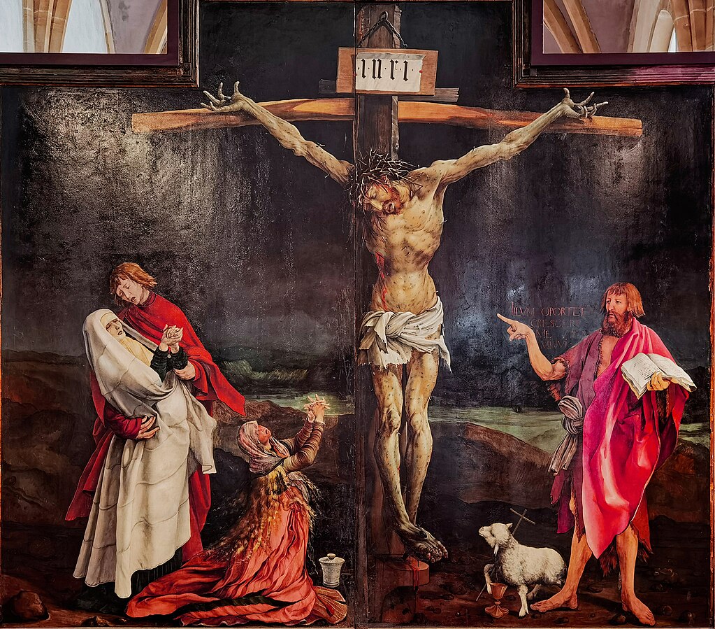 Central panel of the Isenheim Altarpiece. The crucifixion is in the middle of the scene. To the left, a man holds a fainting woman. Another woman kneels at the foot of the cross as she prays. To the right, a man with a book points at Jesus Christ. A lamb holding a cross and standing over a cup looks up at Jesus Christ.