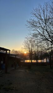 Sunrise over two buildings and trees